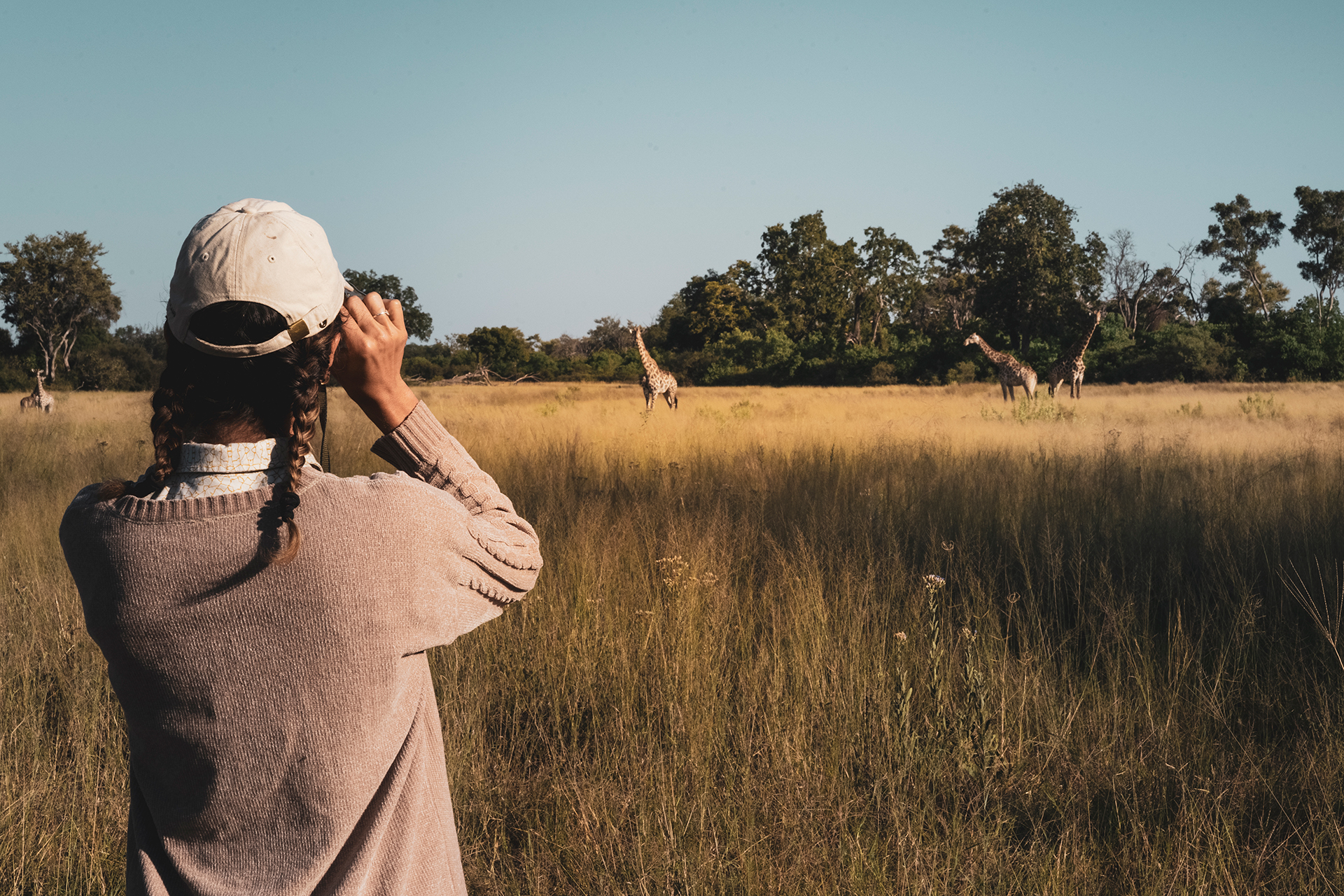 Great plains duba explorers camp guest with giraffe on walking safari
